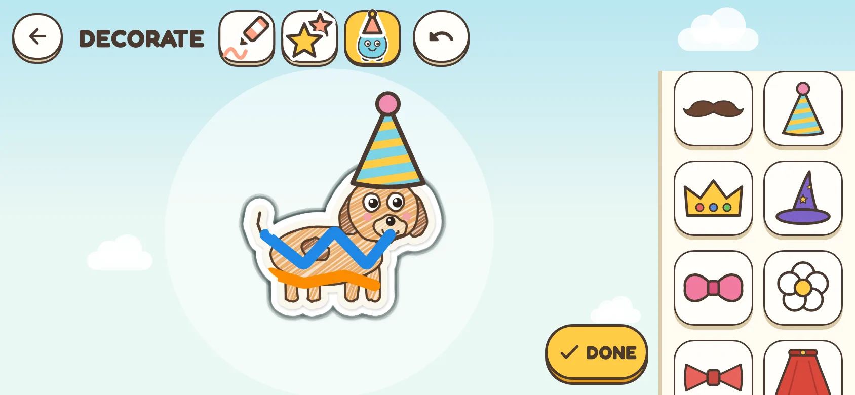 The DECORATE screen: the puppy with blue and orange crayon scribbles and a party hat, next to a tray of hats, bows and a moustache.