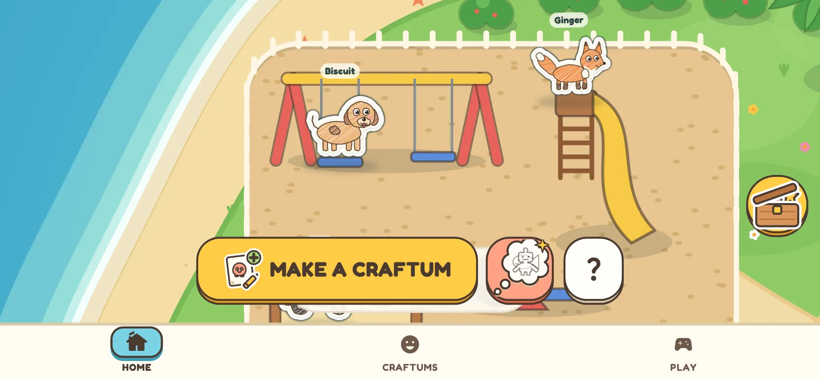 The app's HOME screen: an island playground by the sea, with a crayon puppy on a swing and a fox at the top of the slide, and a big yellow MAKE A CRAFTUM button.